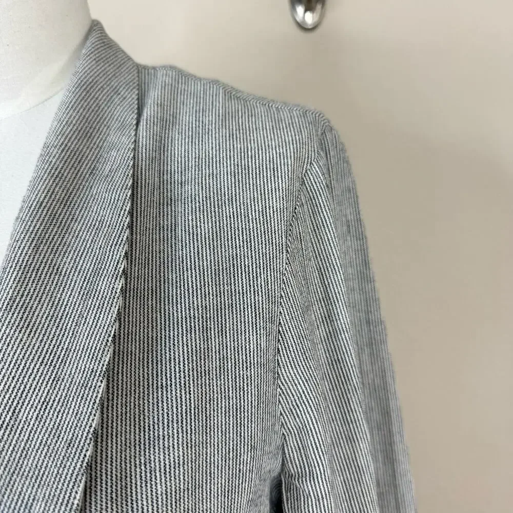 EILEEN FISHER Organic Cotton Linen Blend Open Front Jacket Black White Stripe XL